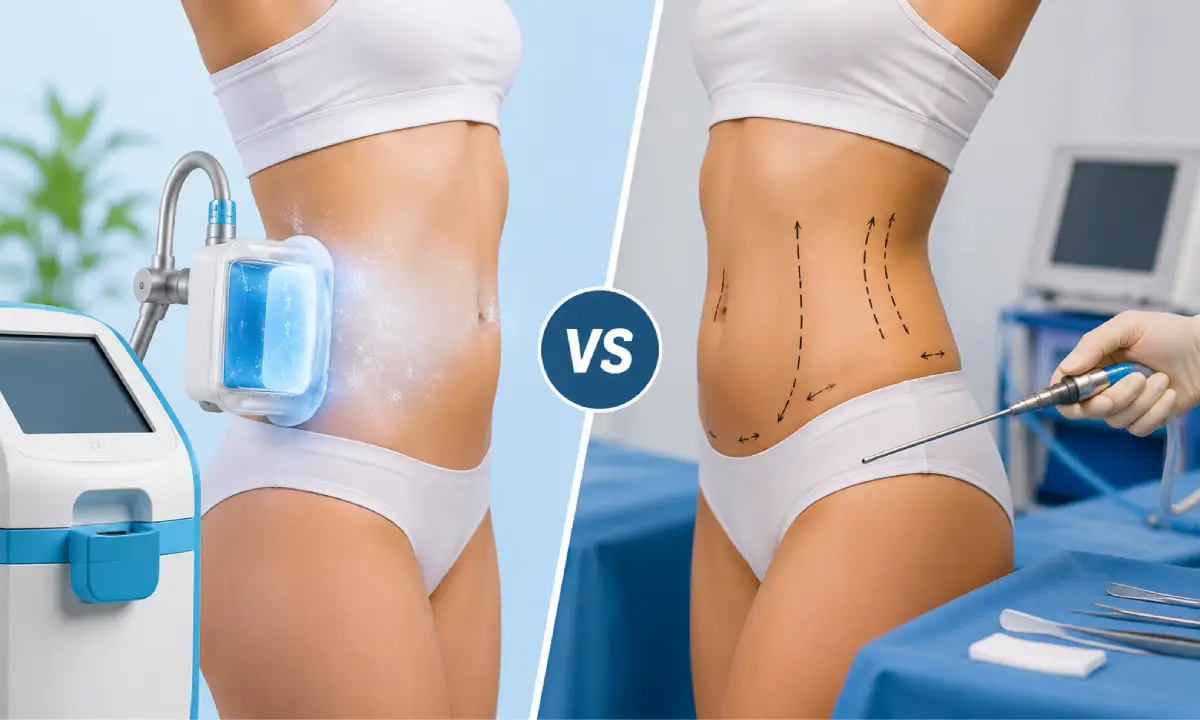 Side-by-side comparison illustrating CoolSculpting vs liposuction body contouring results
