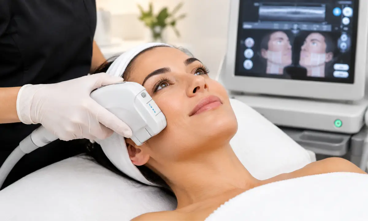 Woman receiving Ultherapy in Brooklyn, NY non-surgical skin tightening treatment on her cheek and jawline using an ultrasound device in a Khrom Medspa & Wellness.